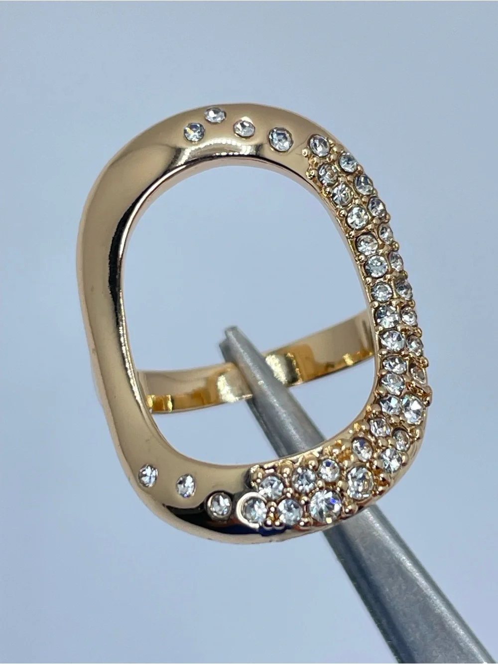 Gold Tone Open Oval Crystal Statement Ring Modern Glam Cocktail Ring